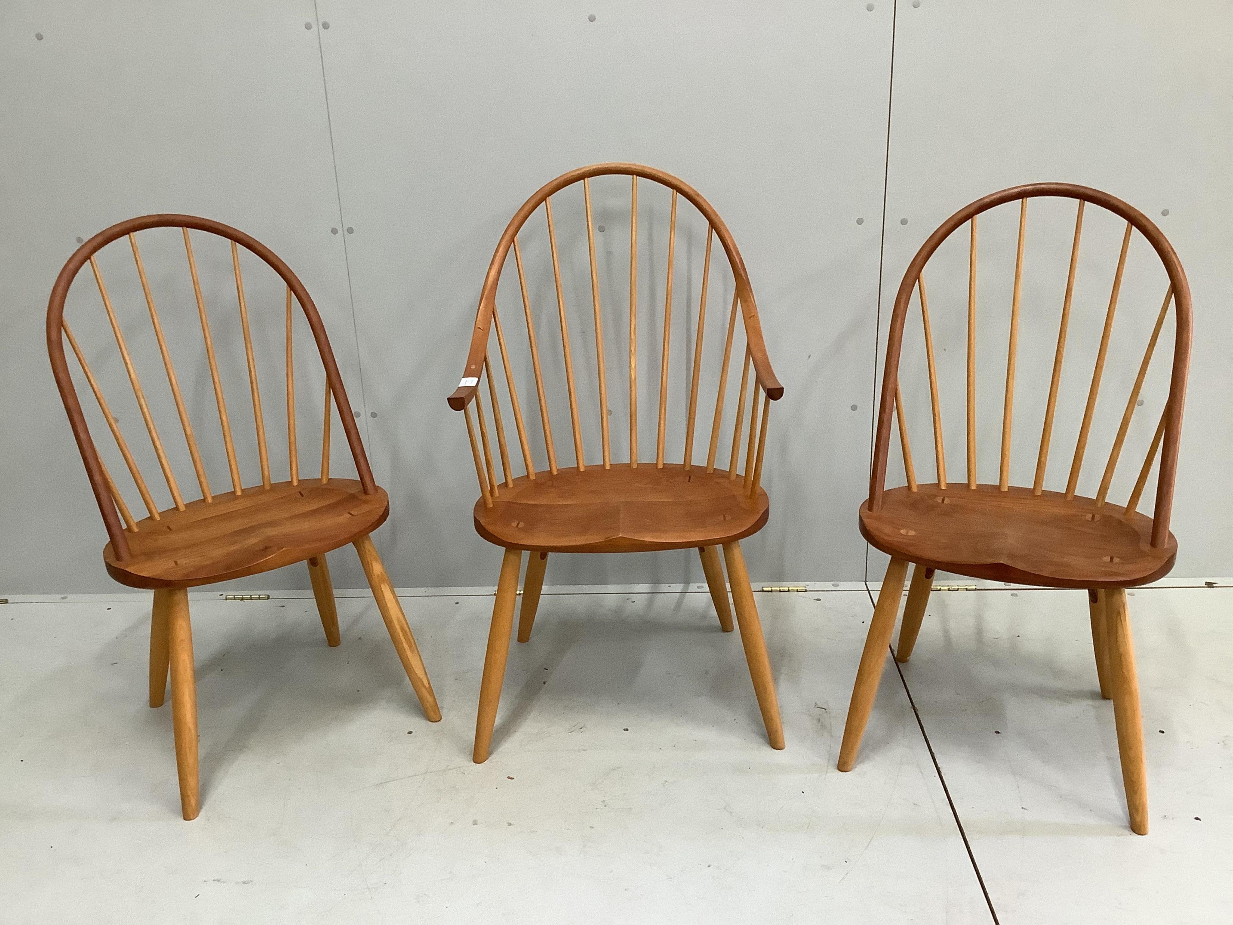 A Thomas Moser cherrywood hoop back armchair and two single chairs, largest width 59cm, depth 56cm, height 105cm. Condition - good
